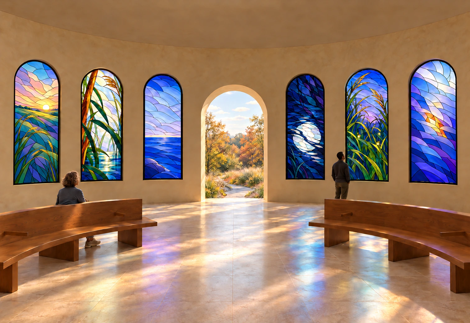 Two people in the Chapel of Light, a warm circular room with luminous stained-glass windows.