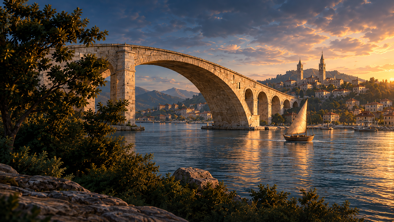 A great stone arch crosses the water at dusk, with a sailboat below and a city rising toward two distant towers.