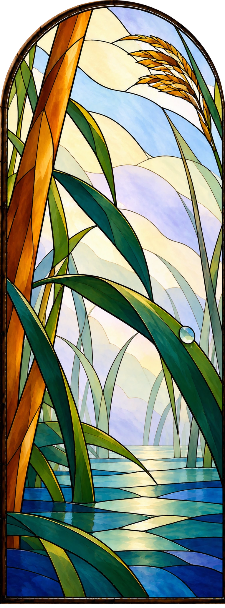 Golden and green reeds frame pale morning mist above water; a drop rests on a curved leaf.