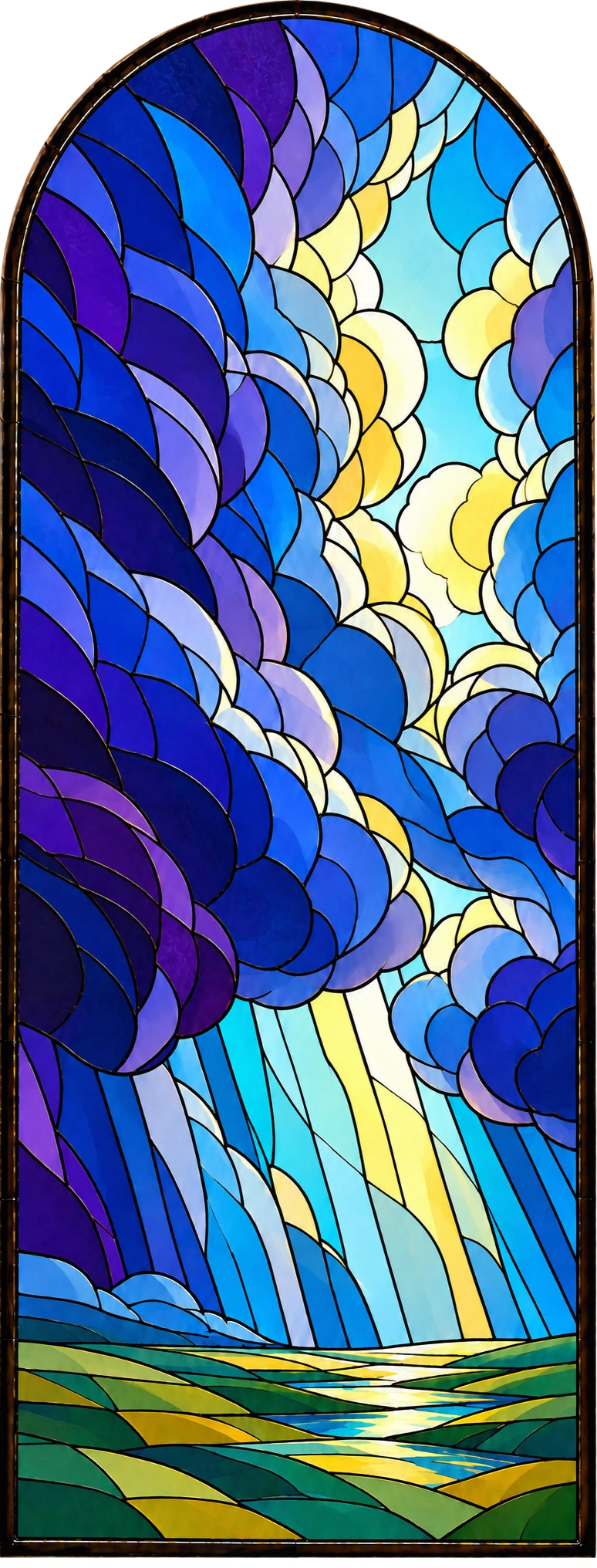 Heavy blue and violet clouds part around pale light, with gold and blue shafts descending toward fields.