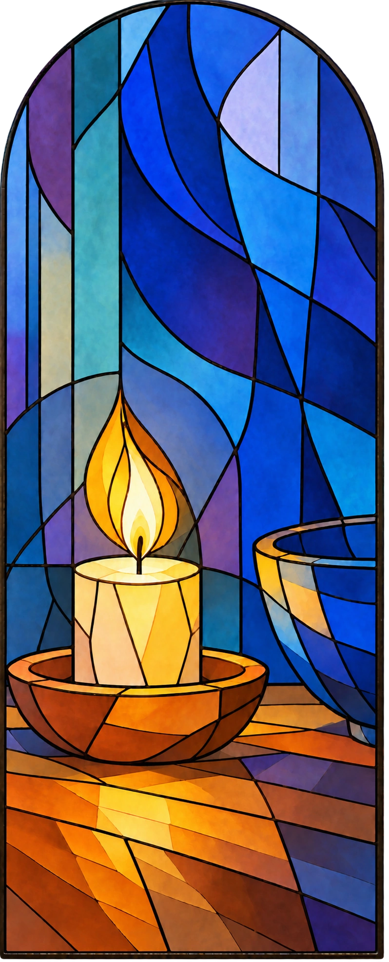 A candle in a warm-colored holder lights a table and the rim of a blue bowl against a deep blue field.
