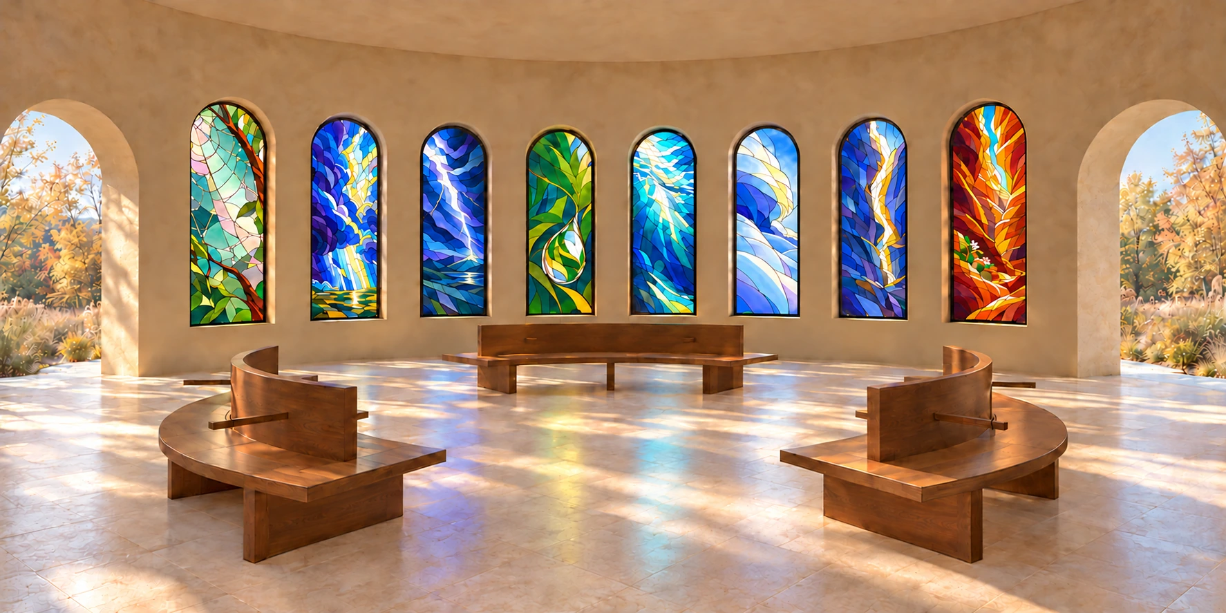 Eight windows with trees, storm, reeds, rain, and fire gather around curved benches, with open doorways to the garden.