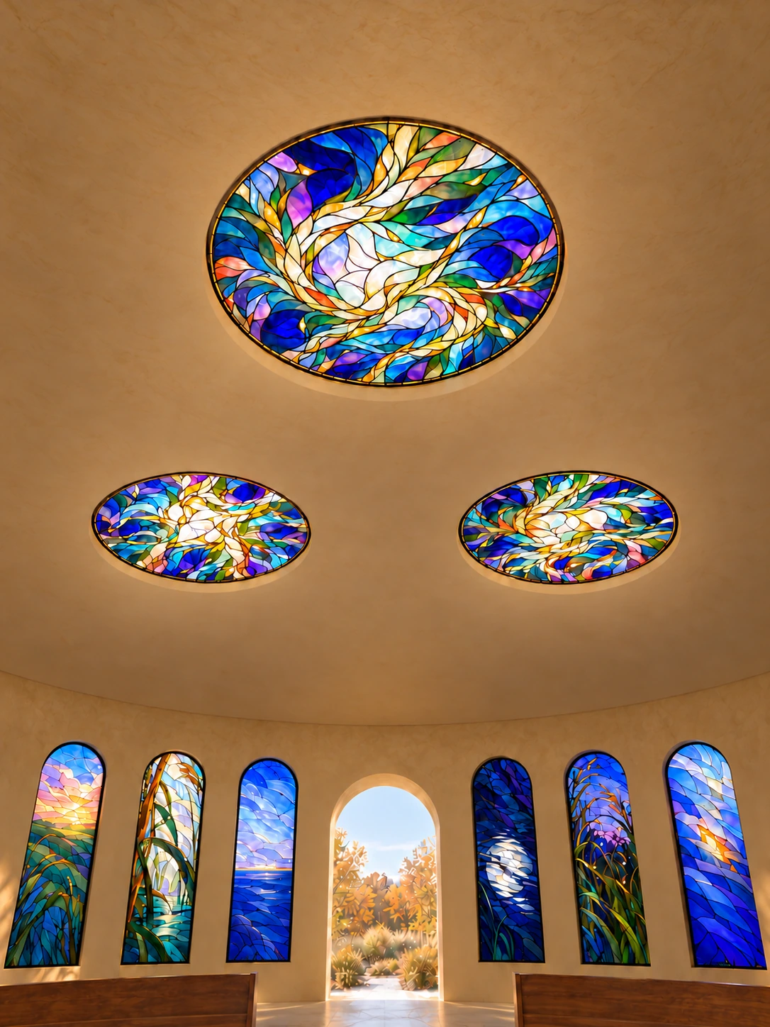 Three colorful circular works set overhead in the chapel, above a bank of tall windows.