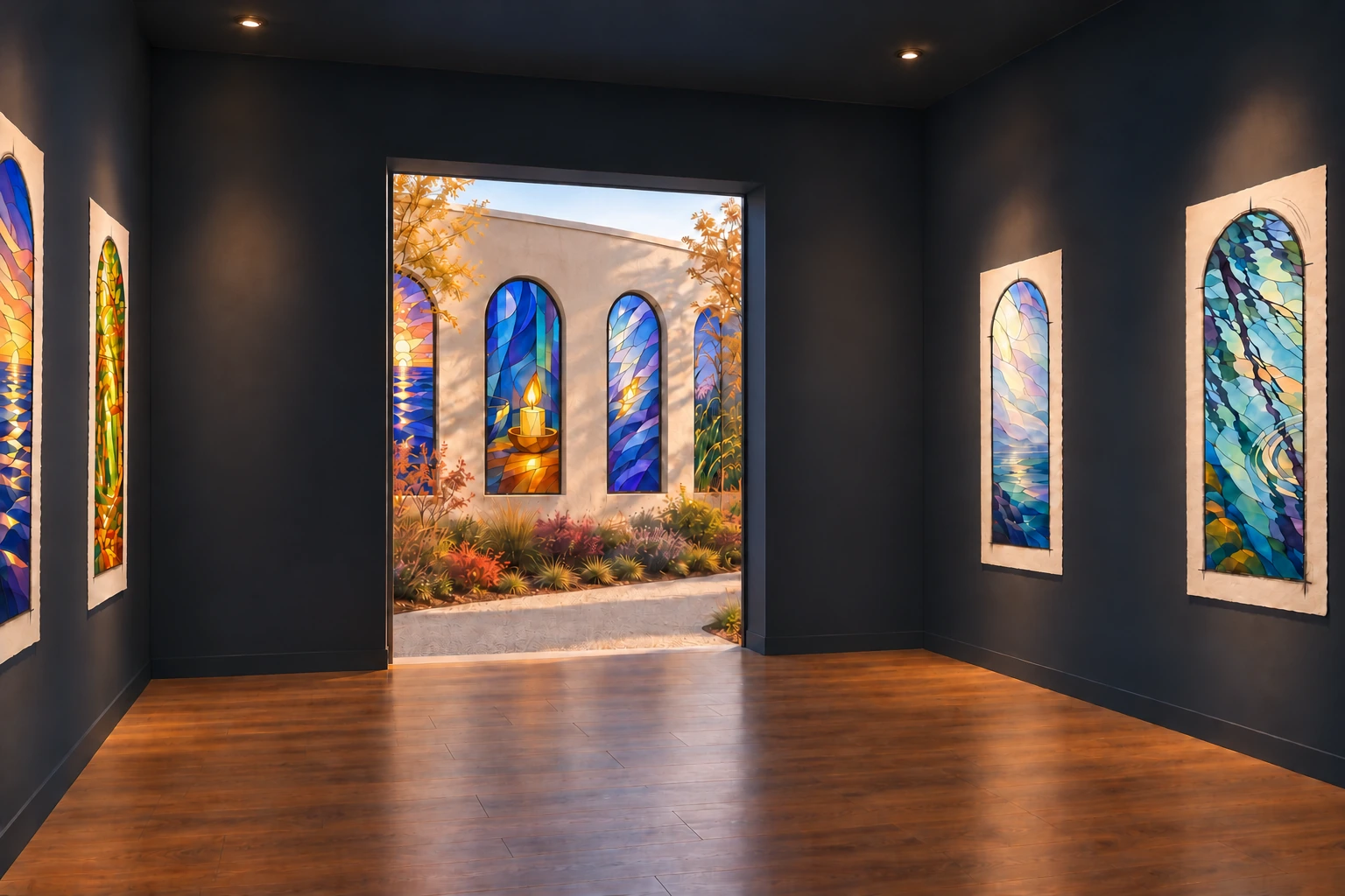 Paper works on dark gallery walls frame a bright doorway looking across a garden toward the chapel windows.