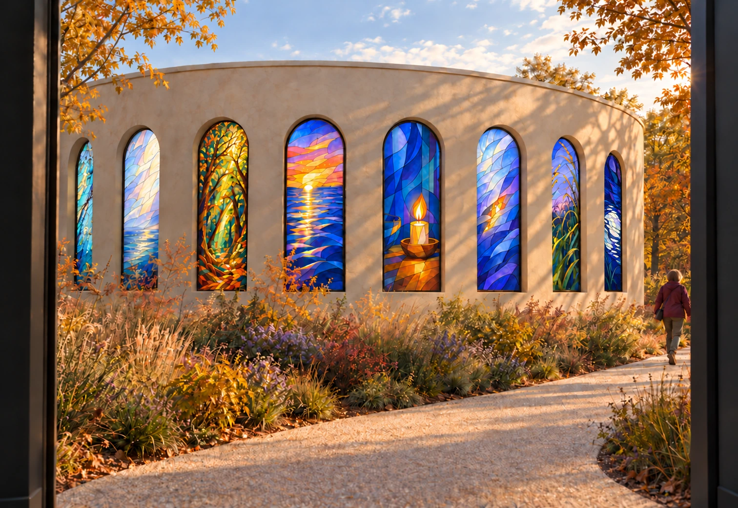An autumn garden path passes in front of the chapel's curved earthen wall and tall colored windows.