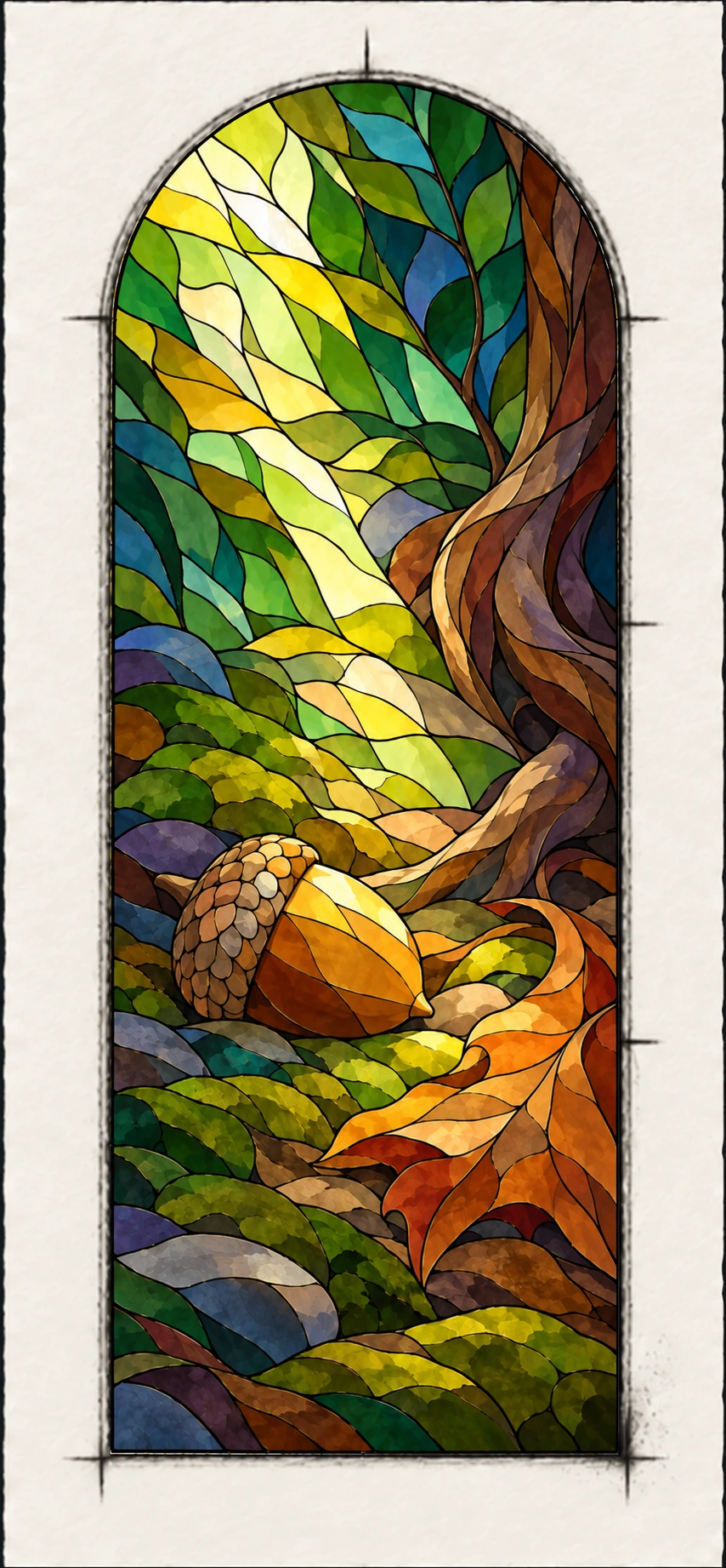 What the Earth Holds, paper work with ivory margins and dark drafting marks: an acorn, fallen leaf, moss and stones beneath a tree.