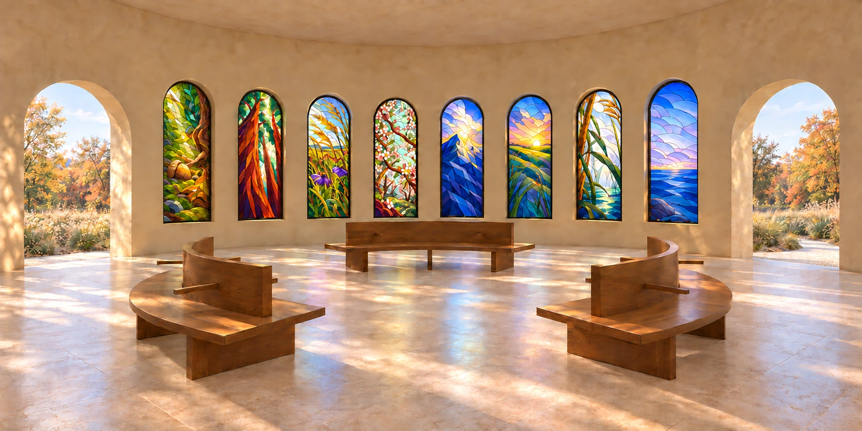 Eight colorful arched windows around a sunlit room, with curved benches and open garden doorways at either end.