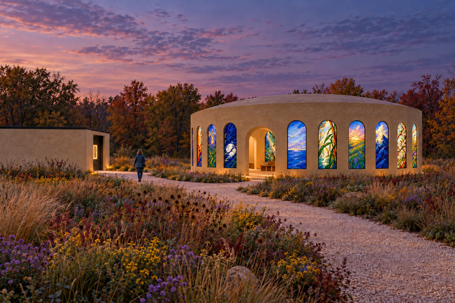 The chapel and drawings gallery across a garden at dusk, their windows glowing beneath a lavender sky.