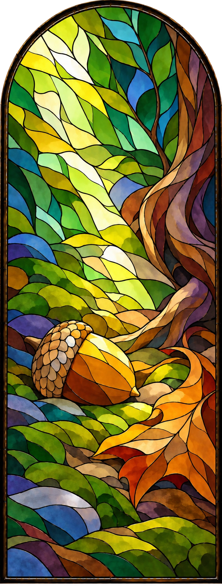 What the Earth Holds, an arched window: the acorn and leaf surrounded by green, amber and blue shapes.