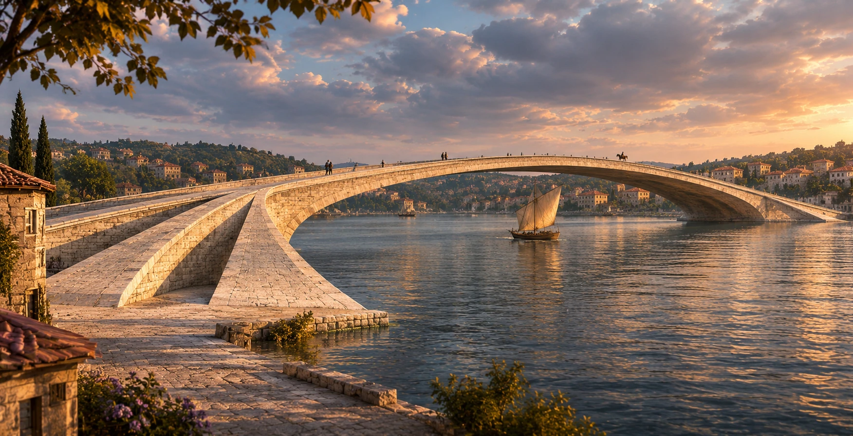 A stone bridge crosses the Golden Horn toward a sunlit city.