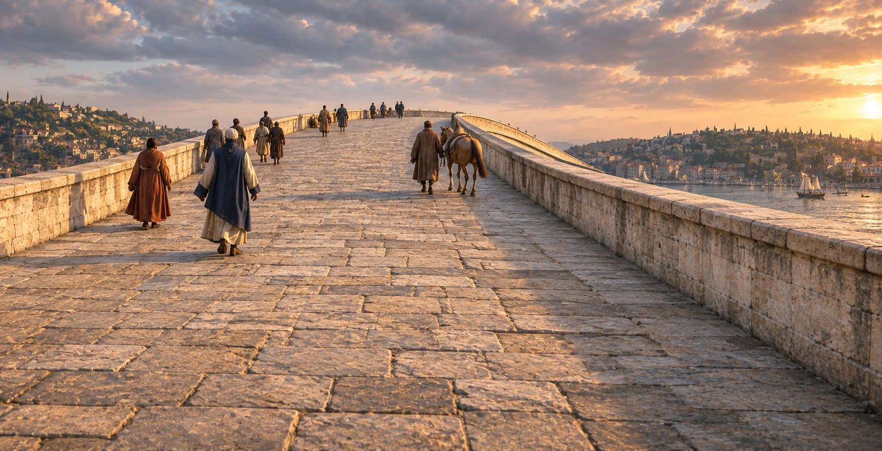 A view up the bridge deck toward its crest, with walkers and a led horse.