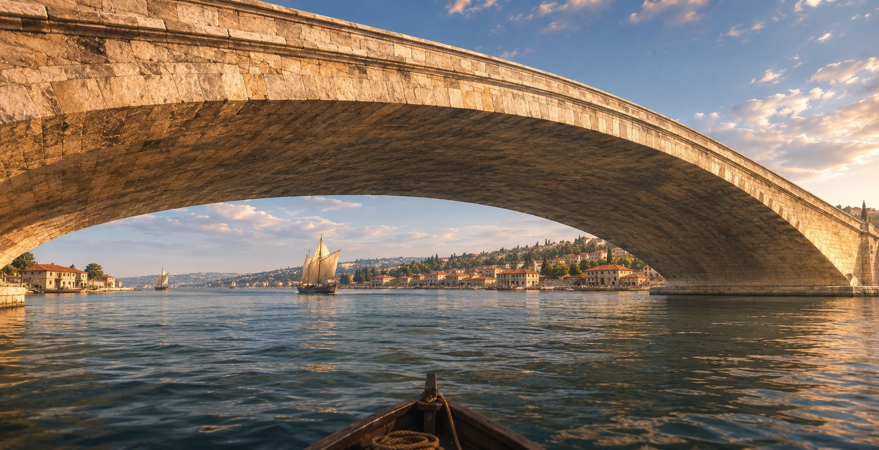 A view from a boat beneath the great stone arch, with the waterway and distant waterfront ahead.