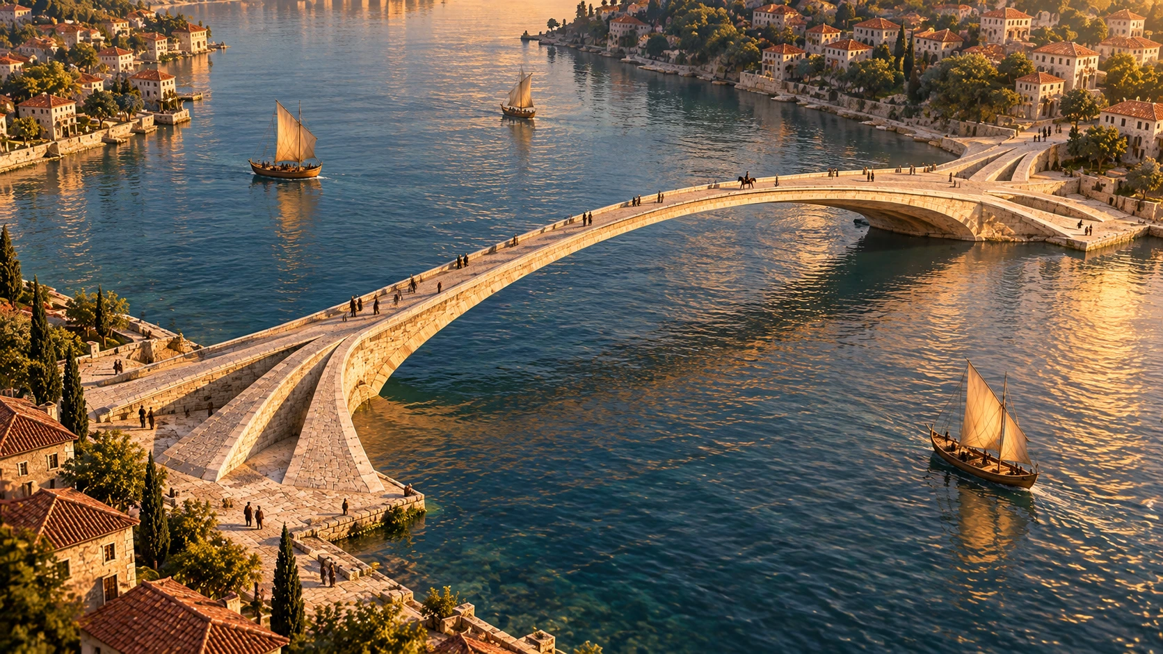 Leonardo’s bridge seen from above, revealing the single arch and spreading approaches on both shores.