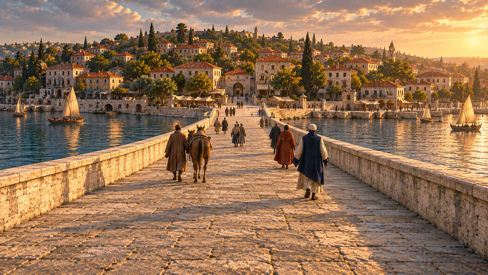 A view down from near the crest toward the town at the opposite landing, with pedestrians and a horse led along the stone deck.