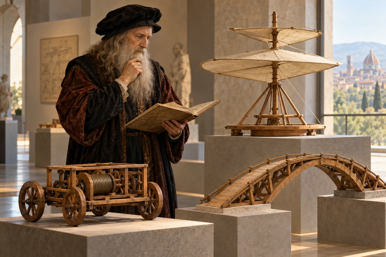 Leonardo studies an open notebook among wooden models of a wheeled mechanism, an aerial screw, and a small bridge.