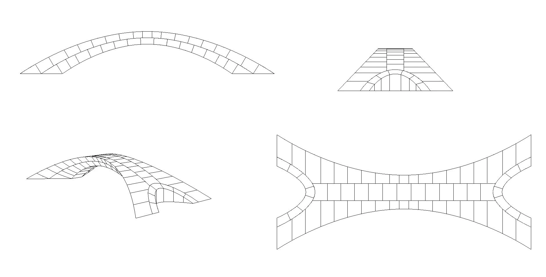 Four views of the research model showing the arch and the block divisions, including overhead, side, and oblique views.