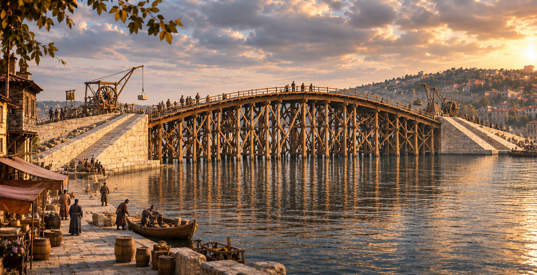 Closer view of a timber crane lifting a stone block beside the bridge.