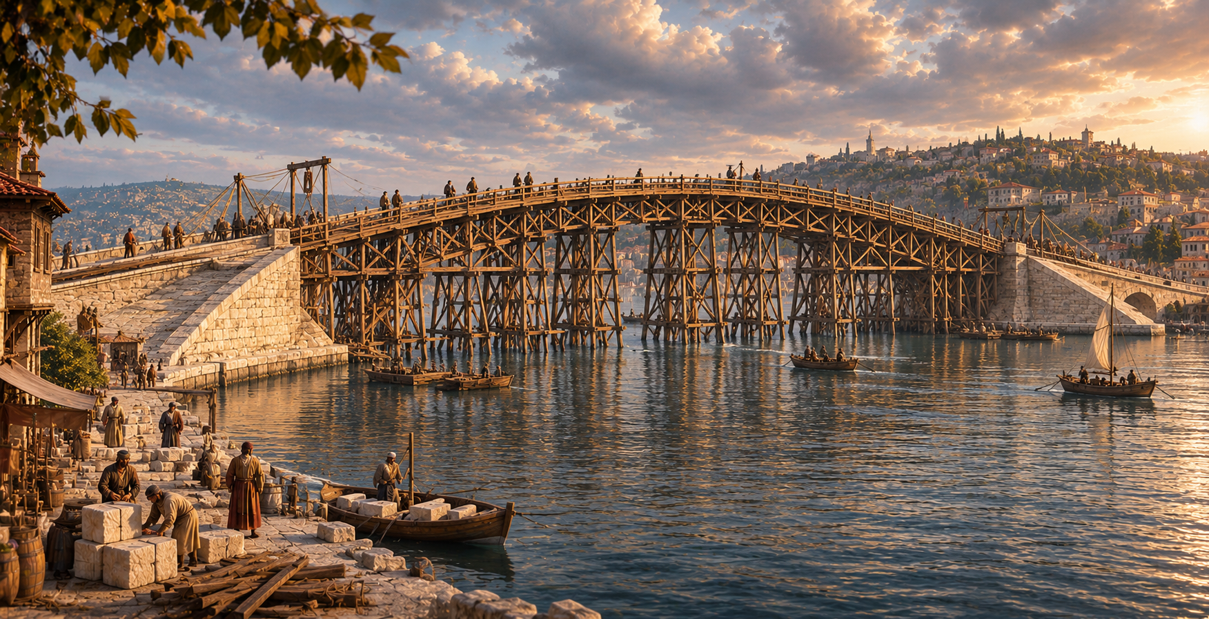 Bridge construction at sunset: stoneworkers on the quay, boats on the water, and timber supporting a broad curved crossing.