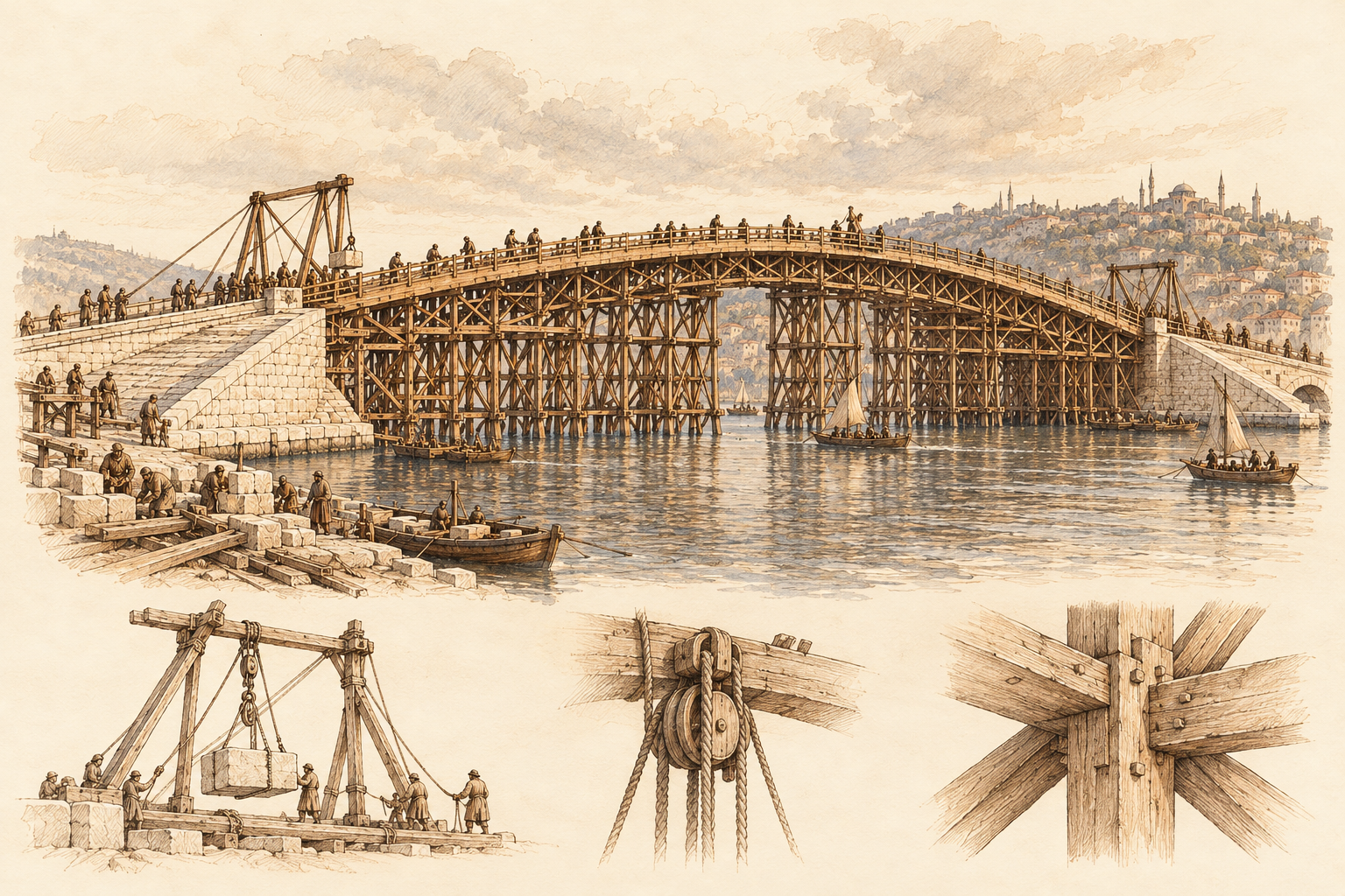 A working drawing of the bridge and its timber support, with smaller construction studies on ivory paper.
