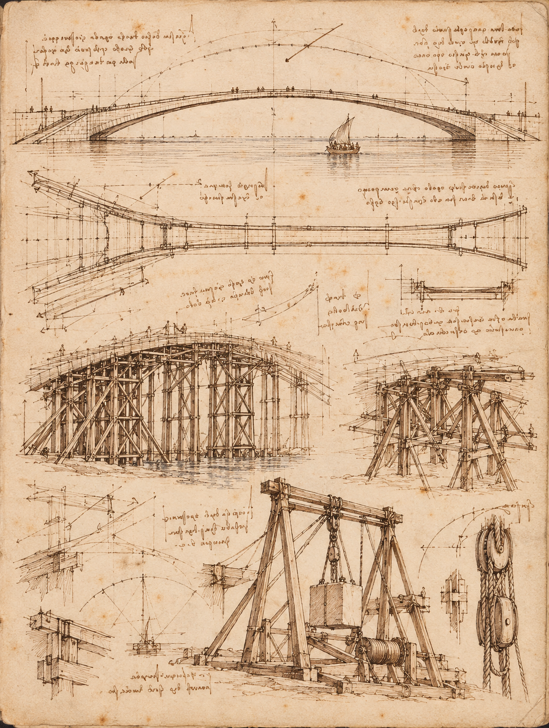 A notebook leaf of bridge studies in brown ink: alternative arch profiles, spreading approaches, timber supports and lifting details, with revised lines and marginal notes.